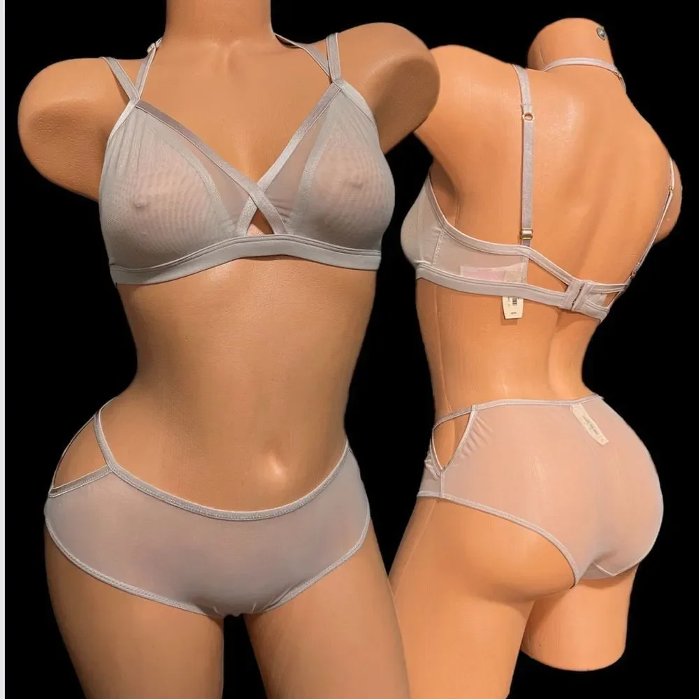 Victorias Secret Set Sexy Sheer Mesh Strappy Double Cup Unlined bralette & panty